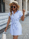 Striped Print Batwing Sleeve Belted Shirt Dress