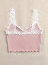 Contrast Lace Lettuce Trim Rib knit Crop Cami Top