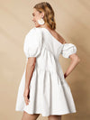 Asymmetrical Neck Puff Sleeve Ruffle Hem Smock Dress