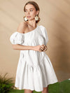 Asymmetrical Neck Puff Sleeve Ruffle Hem Smock Dress