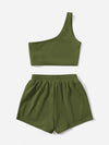 Solid One Shoulder Top Drawstring Shorts Set