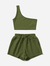 Solid One Shoulder Top Drawstring Shorts Set