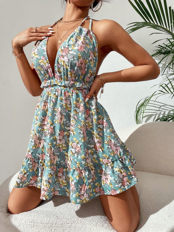 PETITE Floral Tie Backless Frill Ruffle Hem Halter Dress