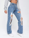 Light Washed Cut Out Ripped Straight Leg Jeans