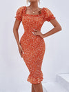 Ditsy Floral Puff Sleeve Shirred Bodycon Dress