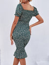 Ditsy Floral Puff Sleeve Shirred Bodycon Dress