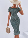 Ditsy Floral Puff Sleeve Shirred Bodycon Dress