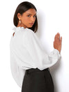 Frill Trim Flounce Sleeve Keyhole Back Blouse