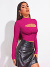 Mock Neck Cut out Rib knit Slim Crop Tee