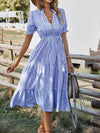 Vertical Striped Flounce Sleeve Tassel Tie Neck Ruffle Hem Dress