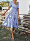 Vertical Striped Flounce Sleeve Tassel Tie Neck Ruffle Hem Dress