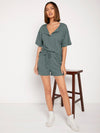 Notch Neck Waffle Knit Top Track Shorts Set