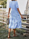 Vertical Striped Flounce Sleeve Tassel Tie Neck Ruffle Hem Dress