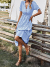 Vertical Striped Flounce Sleeve Tassel Tie Neck Ruffle Hem Dress
