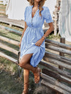 Vertical Striped Flounce Sleeve Tassel Tie Neck Ruffle Hem Dress