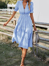 Vertical Striped Flounce Sleeve Tassel Tie Neck Ruffle Hem Dress