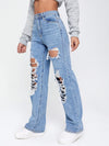 Light Washed Cut Out Ripped Straight Leg Jeans