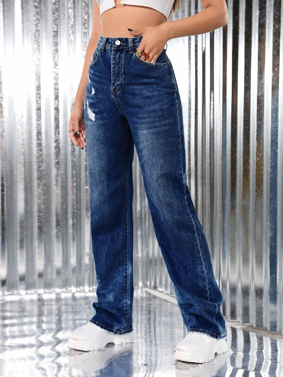 High Waist Ripped Straight Leg Jeans