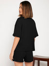 Notch Neck Waffle Knit Top Track Shorts Set