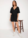 Notch Neck Waffle Knit Top Track Shorts Set