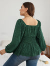 Plus Leopard Print Lantern Sleeve Shirred Peplum Blouse
