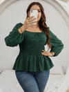 Plus Leopard Print Lantern Sleeve Shirred Peplum Blouse