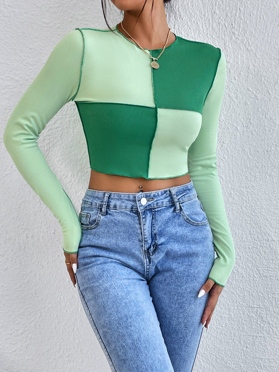 Contrast Stitch Colorblock Crop Tee