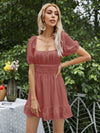 Square Neck Shirred Tie Back Ruffle Hem Dress