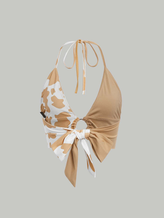 Cow Print O ring Ruched Tie Backless Crop Halter Top