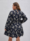 Plus Frilled Neck Shirred Panel Lantern Sleeve Floral Dress