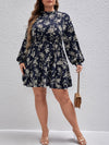 Plus Frilled Neck Shirred Panel Lantern Sleeve Floral Dress