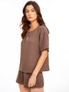 Notch Neck Waffle Knit Top Track Shorts Set
