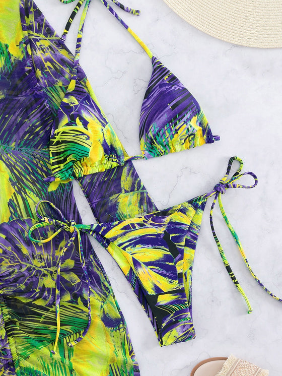 Tropical Print Halter Triangle Bikini Swimsuit With Drawstring Cover Up