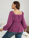 Plus Leopard Print Lantern Sleeve Shirred Peplum Blouse