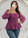 Plus Leopard Print Lantern Sleeve Shirred Peplum Blouse