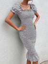 Ditsy Floral Puff Sleeve Shirred Bodycon Dress