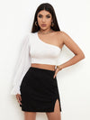 One Shoulder Flounce Sleeve Crop Top