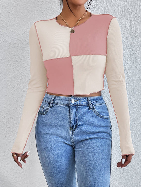 Contrast Stitch Colorblock Crop Tee