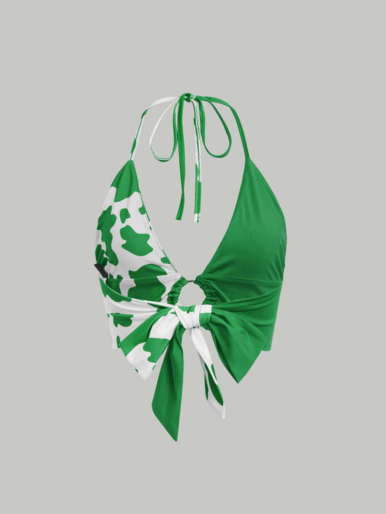 Cow Print O ring Ruched Tie Backless Crop Halter Top