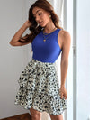 Floral Colorblock Layered Hem Belted Tank Dress