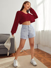 EZwear F V neck Drop Shoulder Rib knit Crop Tee
