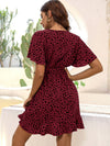 Allover Print Butterfly Sleeve Wrap Ruffle Hem Dress