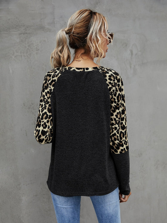 Contrast Leopard Raglan Sleeve Tee