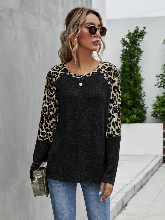 Contrast Leopard Raglan Sleeve Tee