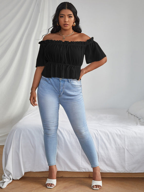 Plus Solid Ruffle Bardot Blouse