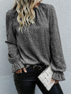 Shirred Neck Flounce Sleeve Allover Print Blouse