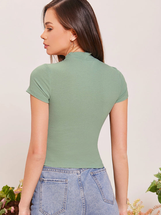 Felegant Mock neck Rib Knit Crop Tee