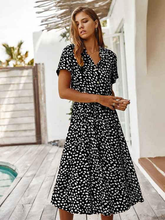 VCAY Dalmatian Print Drawstring Waist A line Dress