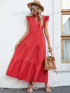 Notched Collar Cap Sleeve Ruffle Hem Dress