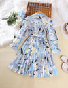 Preteen Girl's Printed Ruffle Sleeve Hem Ruched Belted Shirt Dress